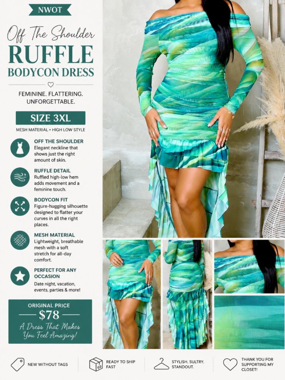 NWOT 3XL Green Mesh Off Shoulder Bodycon Dress Ruffle High Low Plus Size